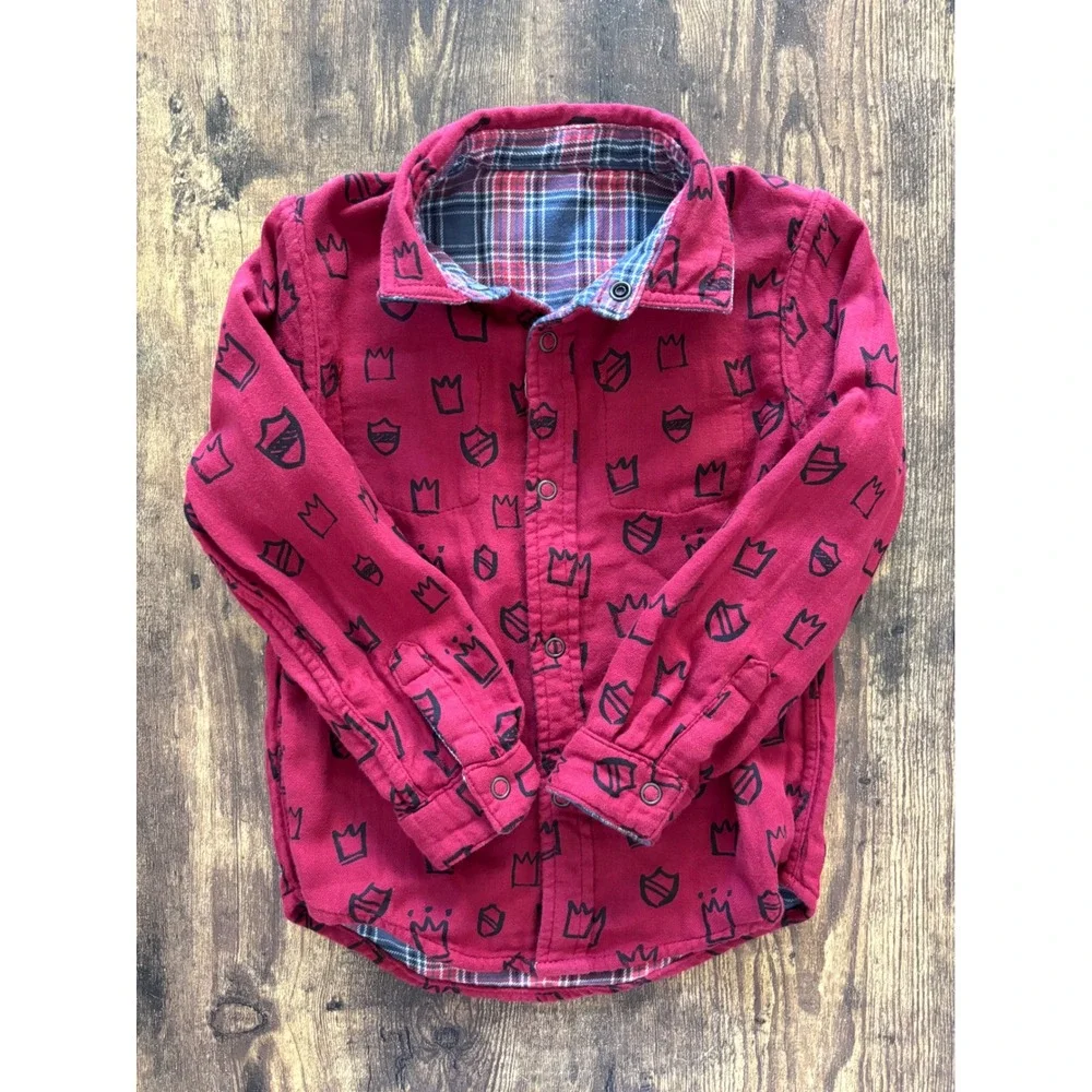 Genuine Kids OshKosh Boys Reversible Flannel Shirt Red Plaid Crown 5T NWT
